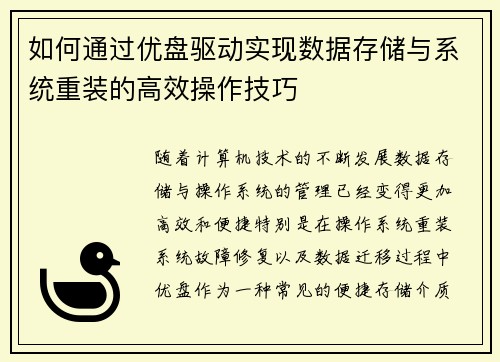 如何通过优盘驱动实现数据存储与系统重装的高效操作技巧 如何通过优盘驱动实现数据存储与系统重装的高效操作技巧